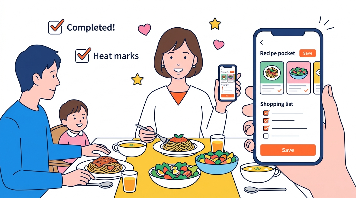 家族で夕食を楽しむ30代日本人女性のイラスト